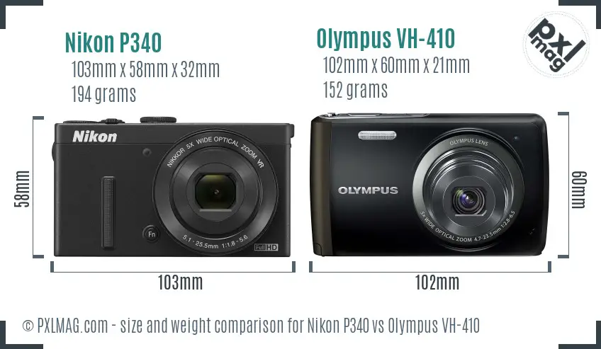 Nikon P340 vs Olympus VH-410 size comparison