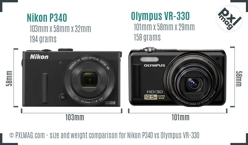 Nikon P340 vs Olympus VR-330 size comparison