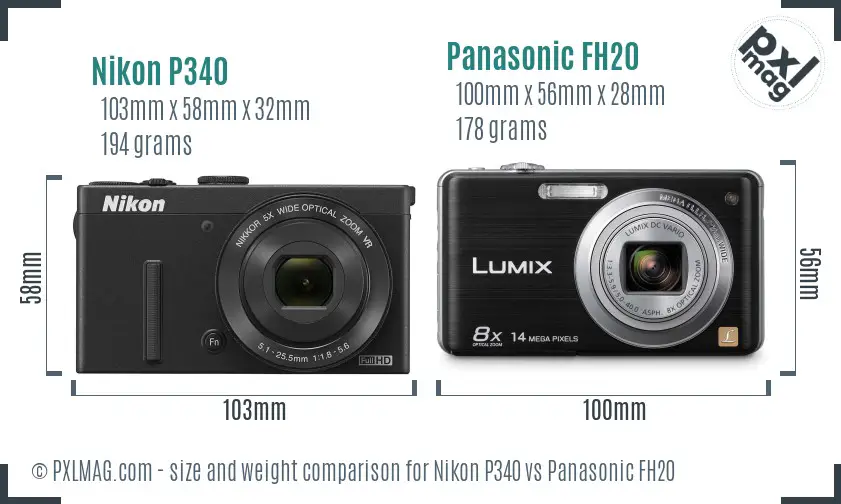 Nikon P340 vs Panasonic FH20 size comparison