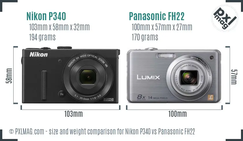 Nikon P340 vs Panasonic FH22 size comparison