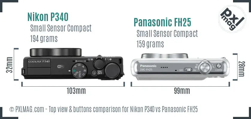 Nikon P340 vs Panasonic FH25 top view buttons comparison Nikon P340 vs Panasonic FH25 top view buttons comparison