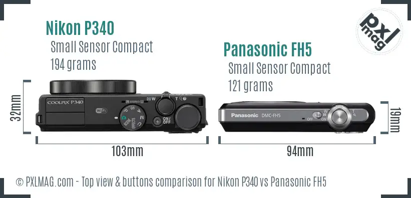Nikon P340 vs Panasonic FH5 top view buttons comparison Nikon P340 vs Panasonic FH5 top view buttons comparison