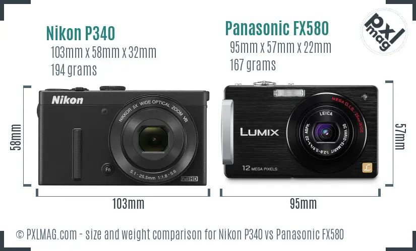 Nikon P340 vs Panasonic FX580 size comparison