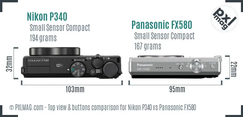 Nikon P340 vs Panasonic FX580 top view buttons comparison