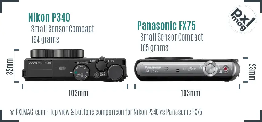 Nikon P340 vs Panasonic FX75 top view buttons comparison Nikon P340 vs Panasonic FX75 top view buttons comparison