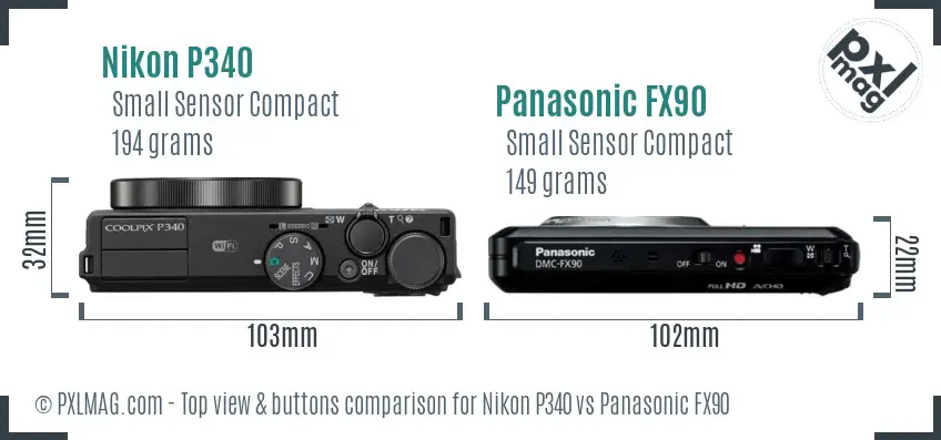 Nikon P340 vs Panasonic FX90 top view buttons comparison