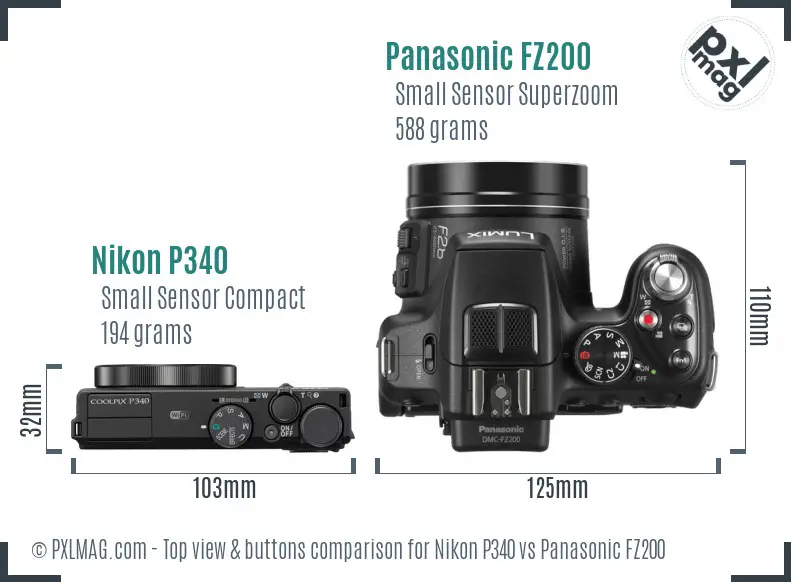 Nikon P340 vs Panasonic FZ200 top view buttons comparison Nikon P340 vs Panasonic FZ200 top view buttons comparison