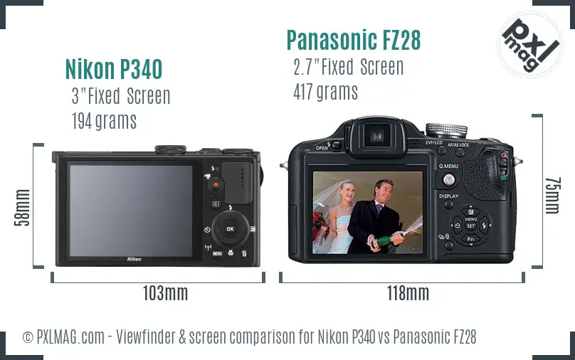 Nikon P340 vs Panasonic FZ28 Screen and Viewfinder comparison
