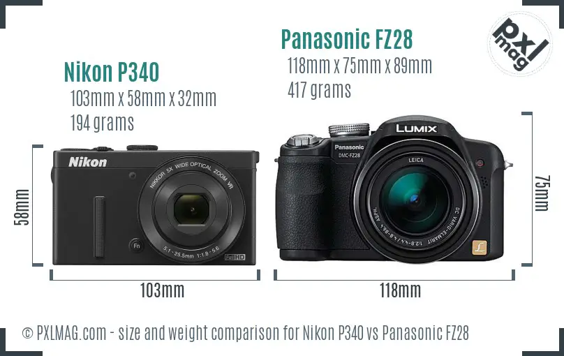 Nikon P340 vs Panasonic FZ28 size comparison