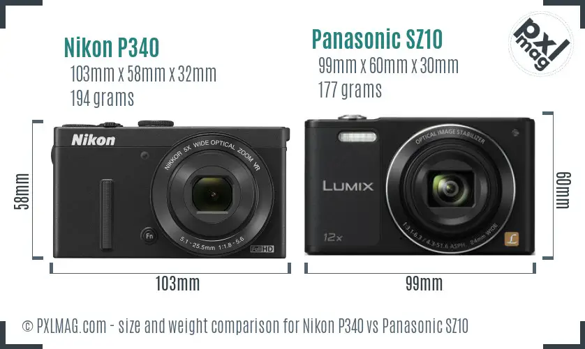 Nikon P340 vs Panasonic SZ10 size comparison