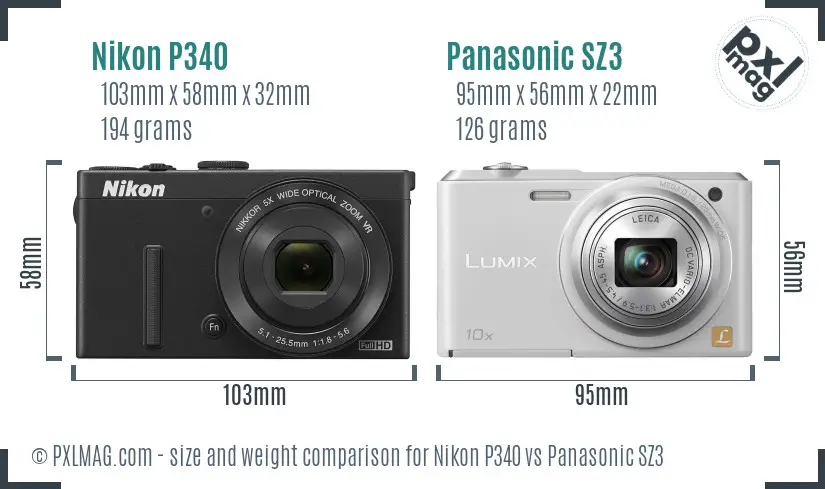 Nikon P340 vs Panasonic SZ3 size comparison
