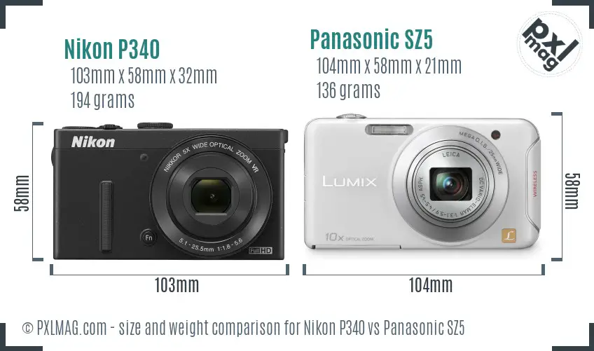 Nikon P340 vs Panasonic SZ5 size comparison