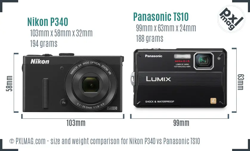 Nikon P340 vs Panasonic TS10 size comparison