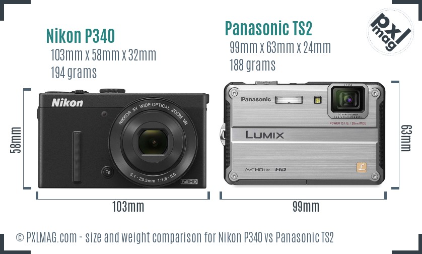 Nikon P340 vs Panasonic TS2 size comparison