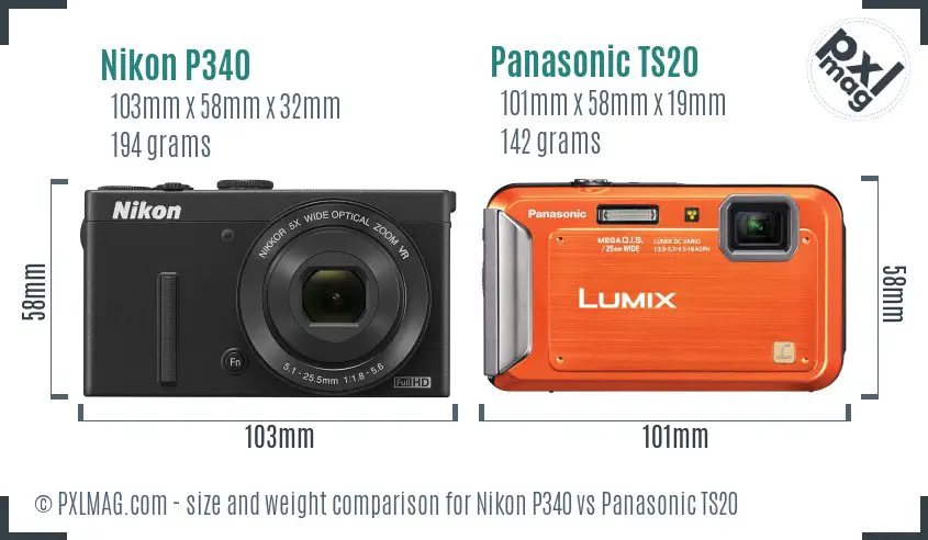 Nikon P340 vs Panasonic TS20 size comparison