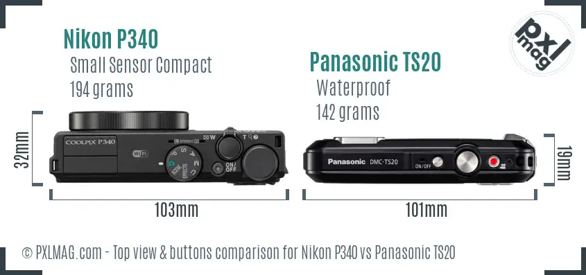 Nikon P340 vs Panasonic TS20 top view buttons comparison