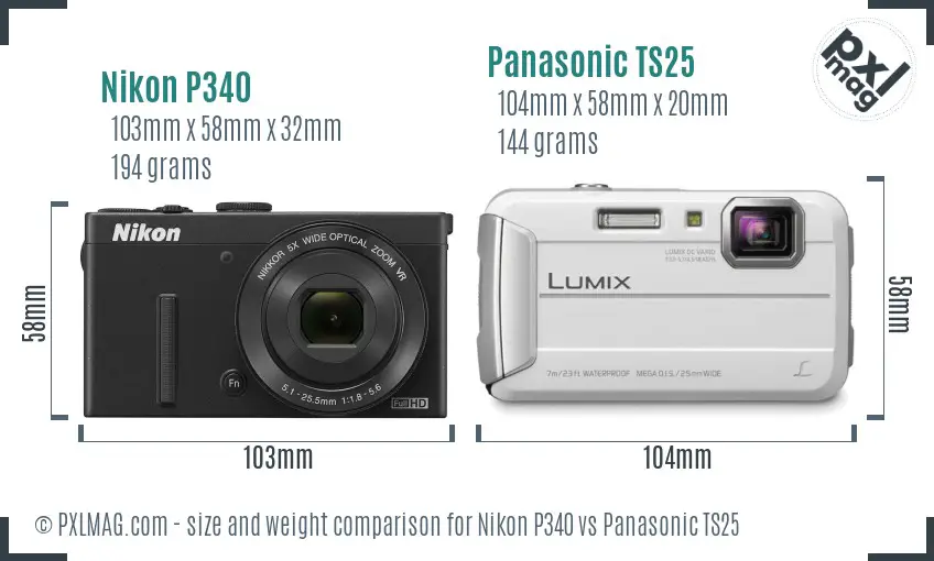 Nikon P340 vs Panasonic TS25 size comparison