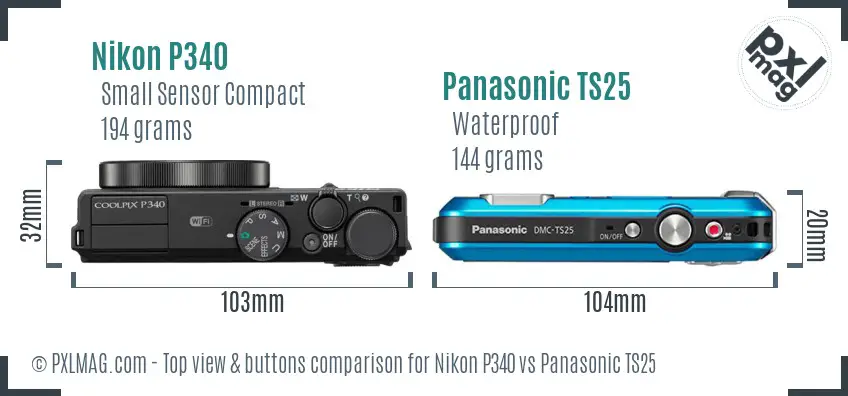 Nikon P340 vs Panasonic TS25 top view buttons comparison