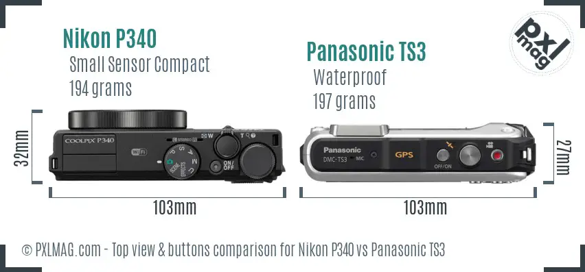 Nikon P340 vs Panasonic TS3 top view buttons comparison Nikon P340 vs Panasonic TS3 top view buttons comparison
