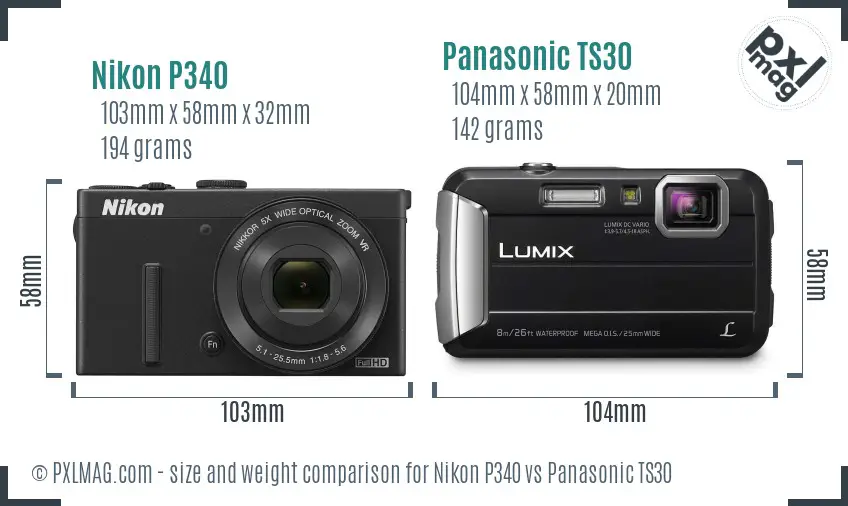 Nikon P340 vs Panasonic TS30 size comparison
