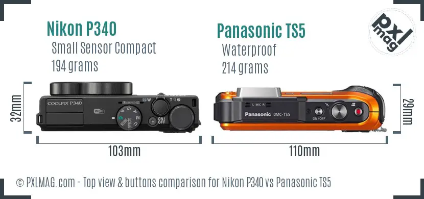 Nikon P340 vs Panasonic TS5 top view buttons comparison Nikon P340 vs Panasonic TS5 top view buttons comparison