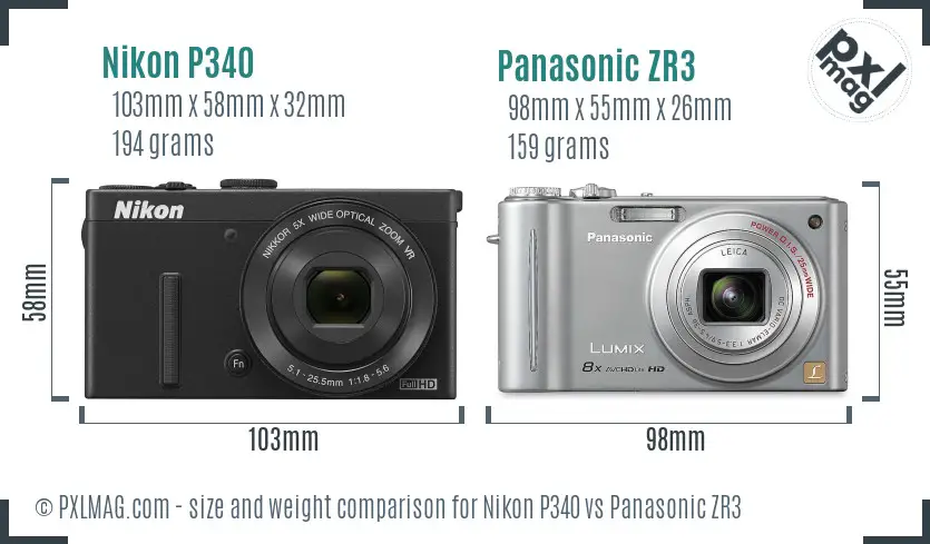 Nikon P340 vs Panasonic ZR3 size comparison