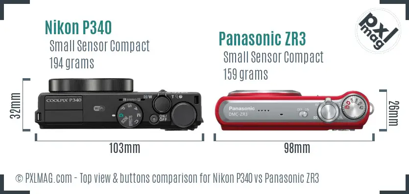 Nikon P340 vs Panasonic ZR3 top view buttons comparison