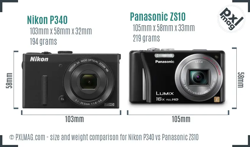 Nikon P340 vs Panasonic ZS10 size comparison