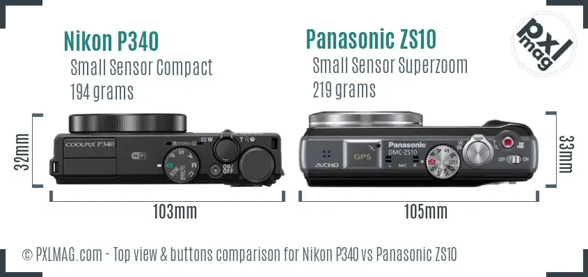 Nikon P340 vs Panasonic ZS10 top view buttons comparison