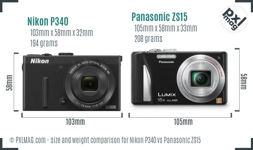 Nikon P340 vs Panasonic ZS15 size comparison