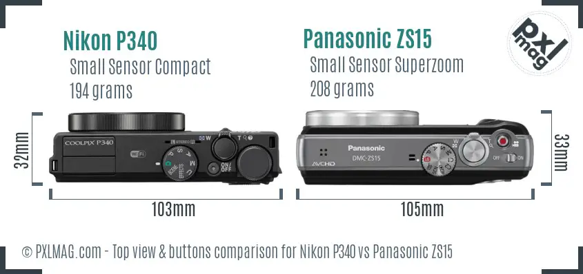 Nikon P340 vs Panasonic ZS15 top view buttons comparison