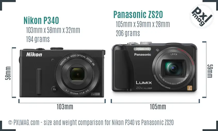 Nikon P340 vs Panasonic ZS20 size comparison