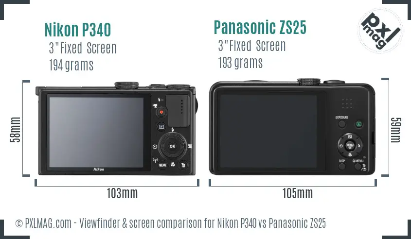 Nikon P340 vs Panasonic ZS25 Screen and Viewfinder comparison