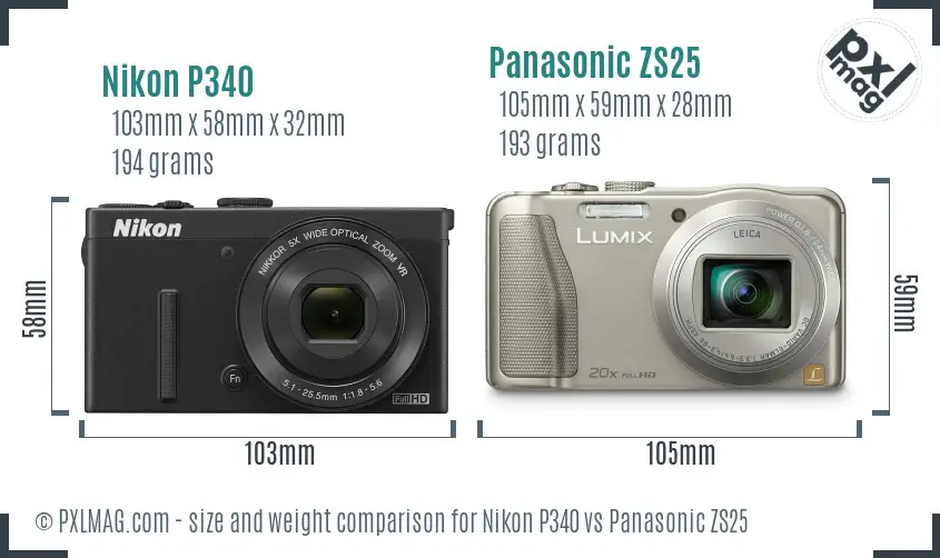 Nikon P340 vs Panasonic ZS25 size comparison