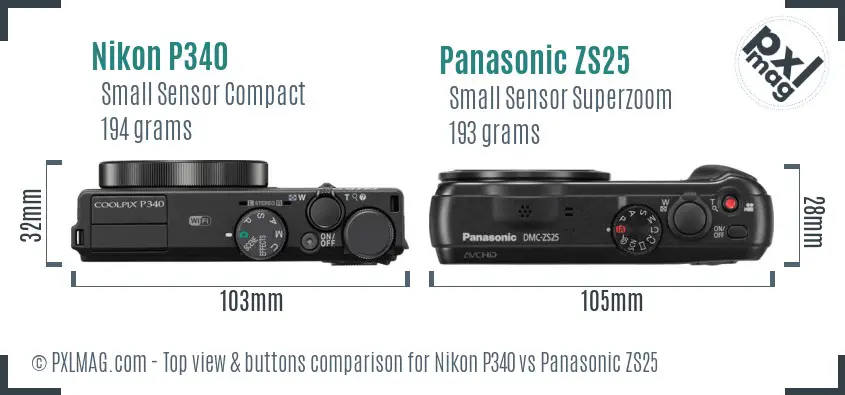 Nikon P340 vs Panasonic ZS25 top view buttons comparison