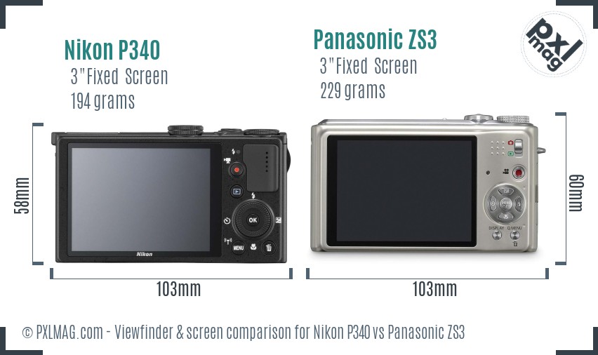 Nikon P340 vs Panasonic ZS3 Screen and Viewfinder comparison