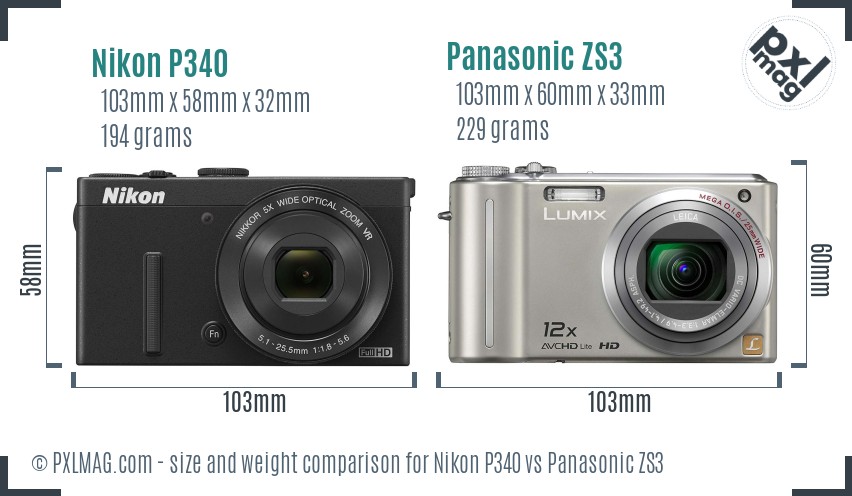 Nikon P340 vs Panasonic ZS3 size comparison