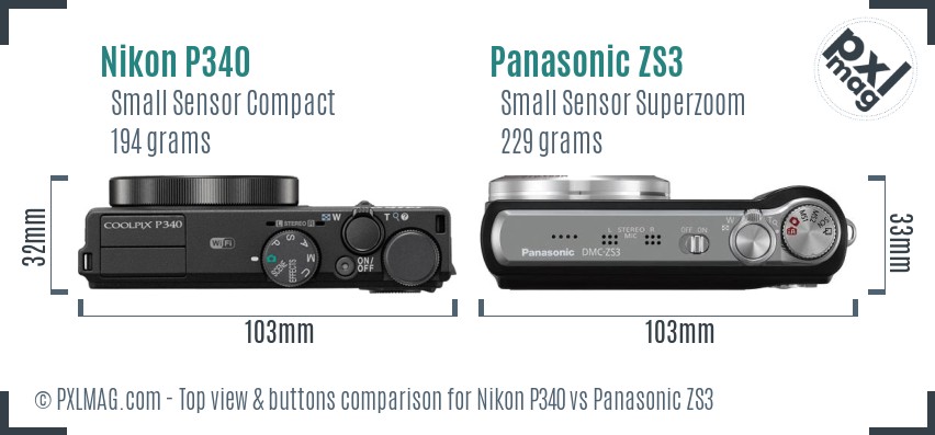 Nikon P340 vs Panasonic ZS3 top view buttons comparison