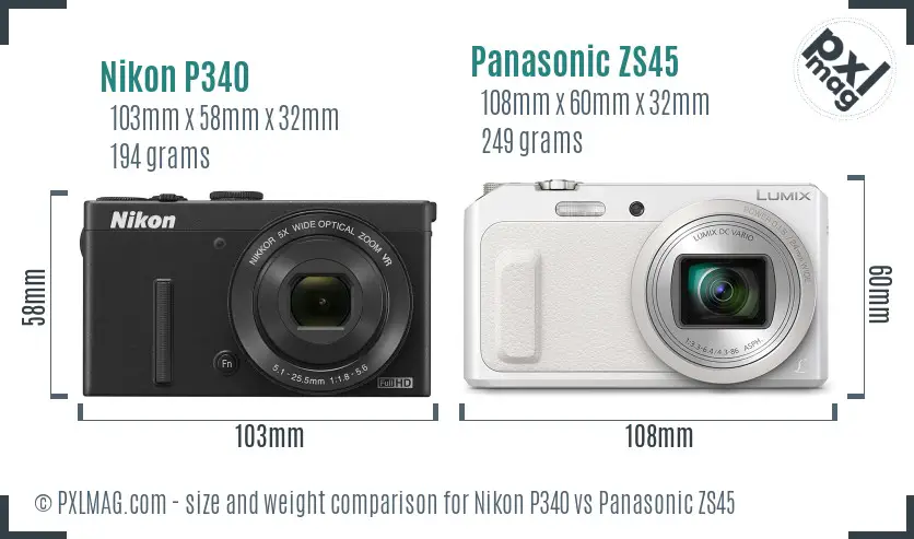 Nikon P340 vs Panasonic ZS45 size comparison