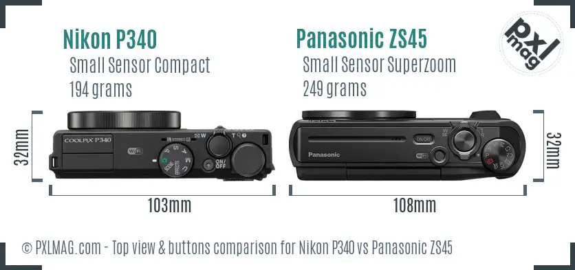 Nikon P340 vs Panasonic ZS45 top view buttons comparison