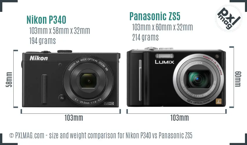 Size comparison between Nikon P340 and Panasonic ZS5