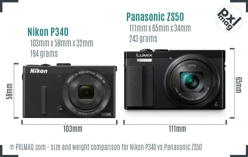 Nikon P340 vs Panasonic ZS50 size comparison