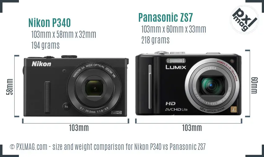 Nikon P340 vs Panasonic ZS7 size comparison