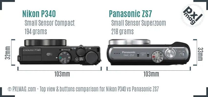 Nikon P340 vs Panasonic ZS7 top view buttons comparison