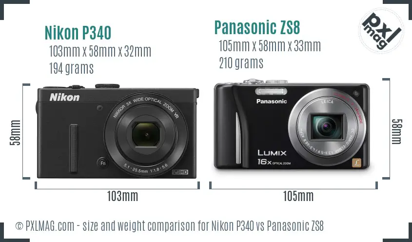 Nikon P340 vs Panasonic ZS8 size comparison