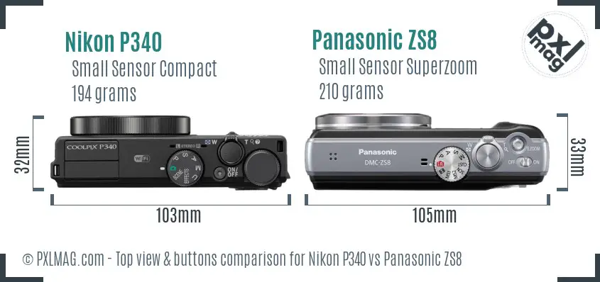 Nikon P340 vs Panasonic ZS8 top view buttons comparison