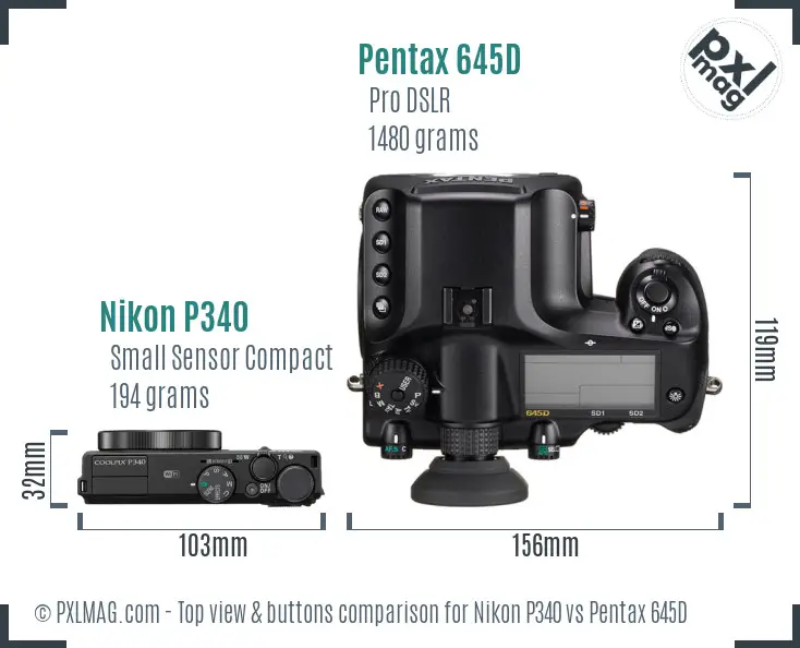 Nikon P340 vs Pentax 645D top view buttons comparison