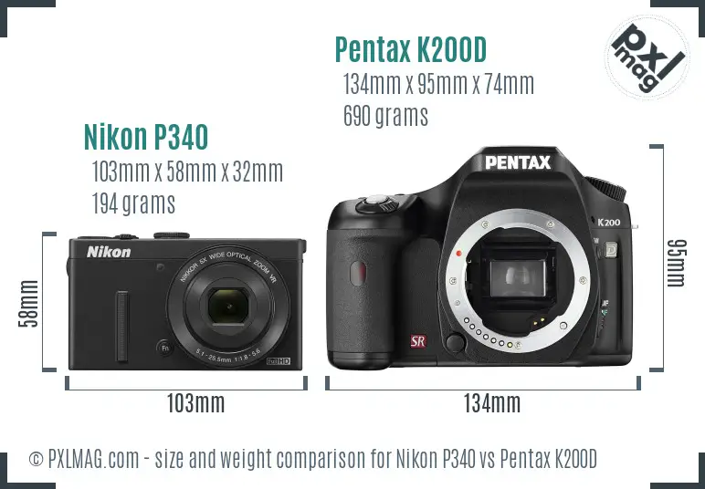 Nikon P340 vs Pentax K200D size comparison
