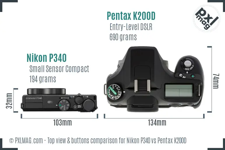 Nikon P340 vs Pentax K200D top view buttons comparison