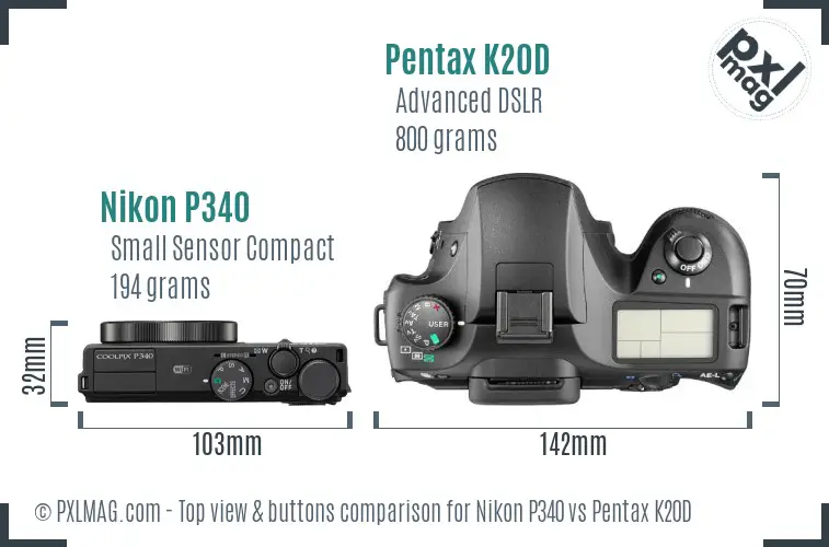 Nikon P340 vs Pentax K20D top view buttons comparison Nikon P340 vs Pentax K20D top view buttons comparison